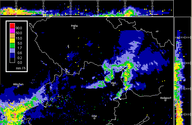  Kvazi-trojrozměrné zobrazení odrazivosti přepočtené na intenzitu srážek z radaru Wien - Schwechat, 26.5. 21.05 SELČ (19.05 UTC). Zdroj: archív TU Graz. (Lanžhot označen malým křížkem)