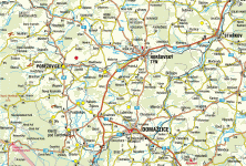 Mapa s pozicemi pozorovatelů, červeně lokalita tromby. Zdroj GeoBáze ®